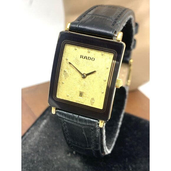 Rado Women's Watch 160.0381.3 Diastar Swiss Quartz Gold Black Leather Tank 24mm - Picture 1 of 13